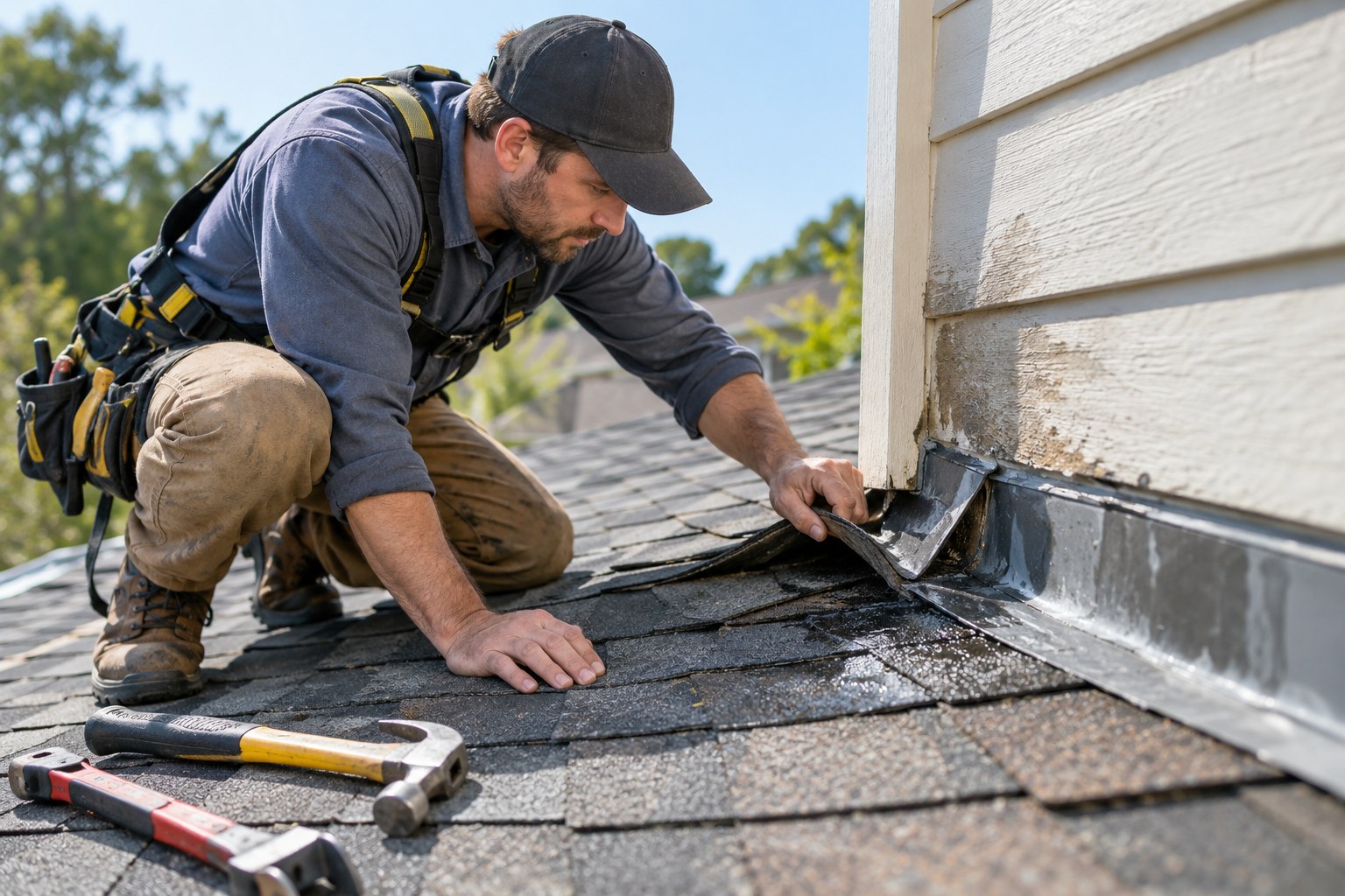 Roofing tools and shingles used for roof leak repair